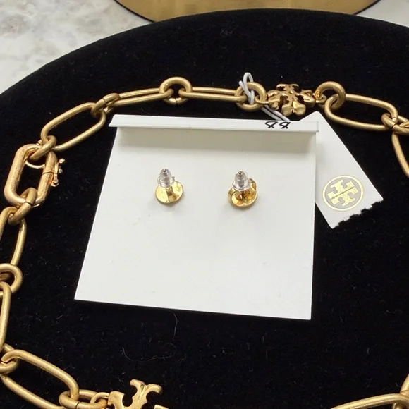 Tory Burch Gold Logo Link Necklace with Matching Logo Stud Earrings - Picture 3 of 4